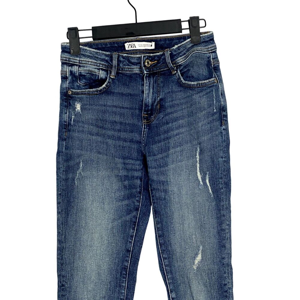 ZARA Cotton Skinny Mid Rise Distressed Stretch Casual Jean Hem Side Slits 2 Blue - Picture 3 of 15